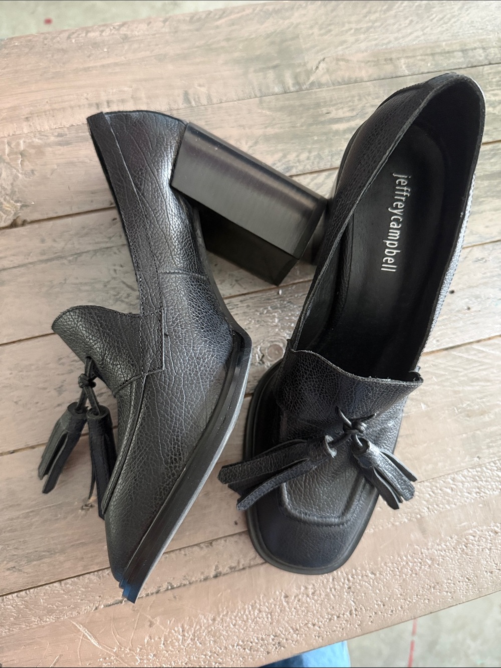 Jeffrey Campbell Black Leather Tassel Block Heel Loafers